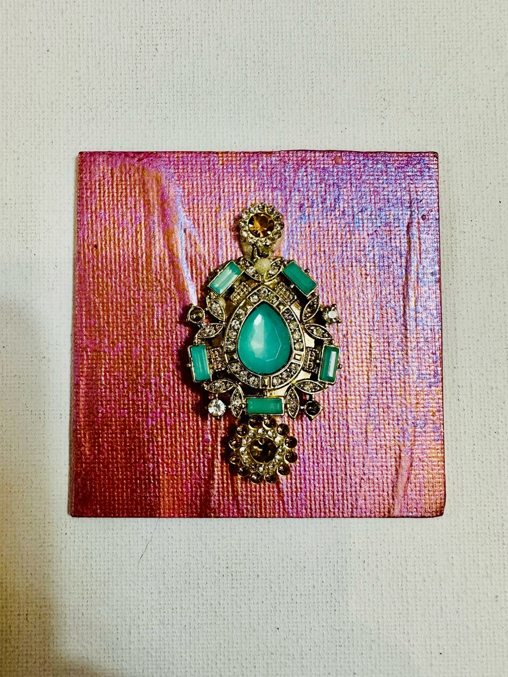 Handmade 3x3 Mixed Media Magnet Pink Turquoise Rhinestone Jewelry